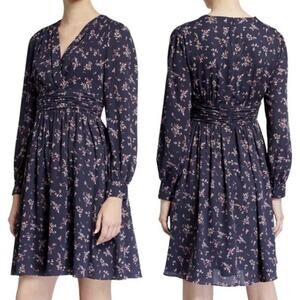 Gal Meets Glam Kelsey Floral Midi Dress Navy Blue Long Sleeve Pleated Size 4